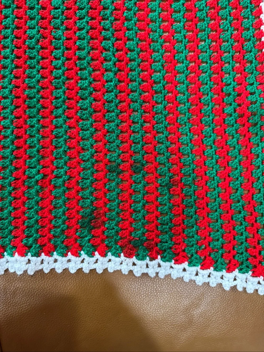 Vintage Handmade Crochet Christmas Table Topper Doily Red Green White 28x23